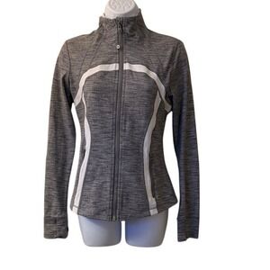 Lululemon Athletica Full Zip Jacket Heathered Grey White Stripe Thumbholes, 6